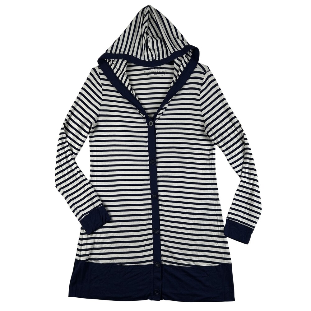 Soma Sleepshirt Womens Medium Blue Stripe Hooded Button Front Lounge Nautical